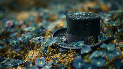 Top hat with green clover leaves on dark background. St. Patrick's Day