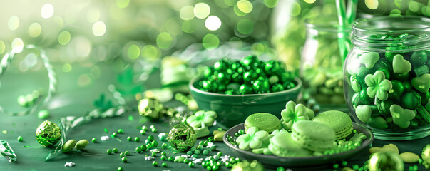 bright and colorful green St Patrick's day party favors and food