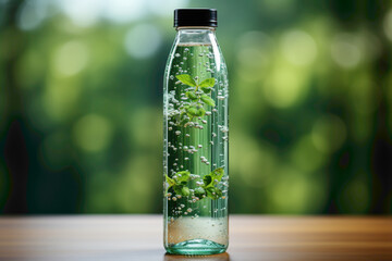 A transparent plastic water bottle with droplets of condensation on the table - obrazy, fototapety, plakaty