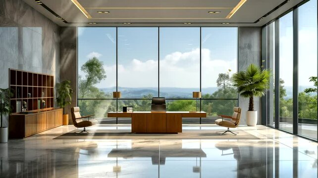 Modern office room with scenic view from wide windows. Seamless looping time-lapse 4k video animation background