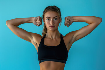 Fototapeta na wymiar young fitness athletic sport girl doing sport, showing strength gesture with arms, blue background