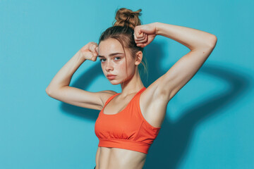 Fototapeta na wymiar young fitness athletic sport girl doing sport, showing strength gesture with arms, blue background