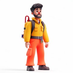 Clay animation character wearing a firefighter's uniform and holding a fire hose, on an isolated white background, Generative AI