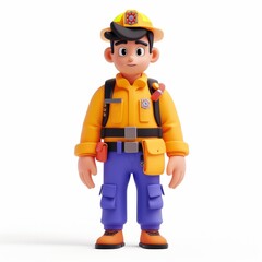 Clay animation character wearing a firefighter's uniform and holding a fire hose, on an isolated white background, Generative AI
