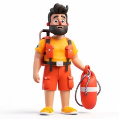 Clay animation character wearing a lifeguard's uniform and holding a rescue buoy, on an isolated white background, Generative AI