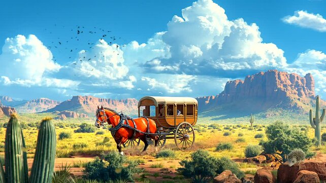 Horse carriage on mountain rock background. Seamless looping time-lapse 4k video animation background