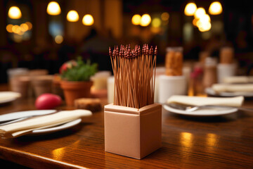 A common disposable toothpick dispenser on a restaurant dining table