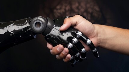 Robot handshake with human, future business partnership concept