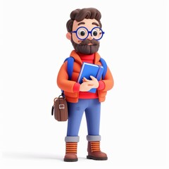 Clay animation character wearing a teacher's outfit and holding a book, on an isolated white background, Generative AI