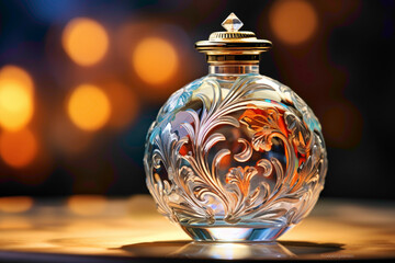 A close-up shot of a captivating 3D-rendered perfume bottle, adorned with intricate details and bathed in soft, natural light.