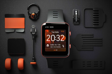 A smartwatch mockup on a fitness tracker app screen, surrounded by workout accessories. - obrazy, fototapety, plakaty
