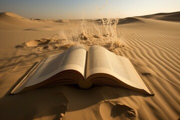 Grainy Open book sand. Sea vacation. Generate Ai - obrazy, fototapety, plakaty