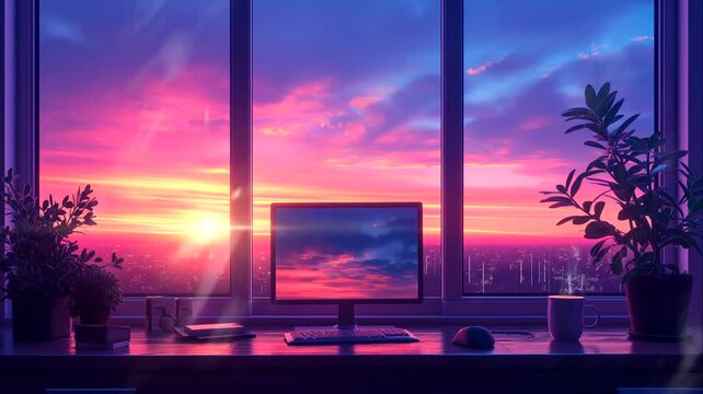 Sunset view from modern office windows. Seamless looping time-lapse 4k video animation background
