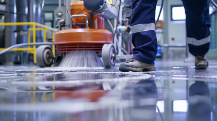 A worker within an industrial facility, dedicated to cleaning and maintaining floors. Industrial Maintenance, Guarantee clean and safe floors in a specialized work environment