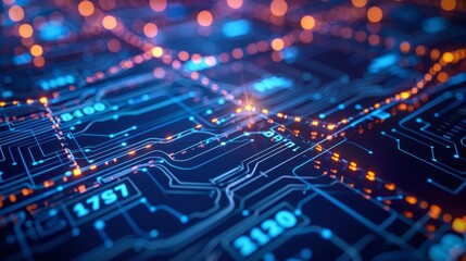 Fototapeta premium Close-up view of an illuminated electronic circuit board with glowing orange and blue pathways symbolizing data flow and electrical connectivity.