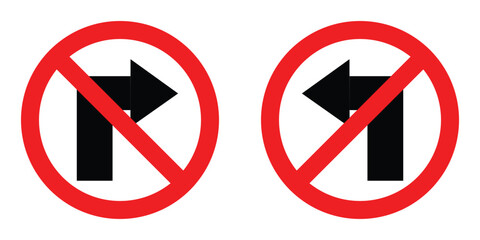 set red circle shape no sharp turn right and left arrow road traffic prohibitory sign direction icon. highway route collection road flat symbol for web mobile isolated white background illustration.