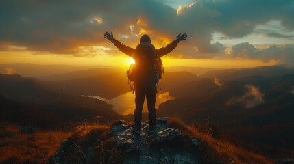 A silhouette mountain climber successfully climbs to the top with sunset background
