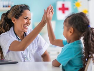 Capturing a touching interaction, a female doctor shares a smile and gives a high-five to a young biracial patient, promoting a sense of camaraderie and trust during the medical visit