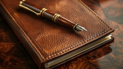 Implying sophisticated academic or professional work, a luxurious leather journal sits atop a polished wooden desk alongside a classic fountain pen.