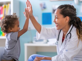 Capturing a touching interaction, a female doctor shares a smile and gives a high-five to a young biracial patient, promoting a sense of camaraderie and trust during the medical visit - Powered by Adobe