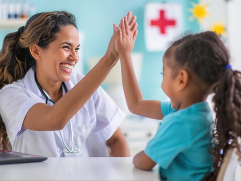 Capturing a touching interaction, a female doctor shares a smile and gives a high-five to a young biracial patient, promoting a sense of camaraderie and trust during the medical visit