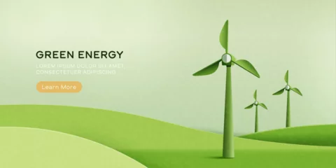 Fotobehang Wind Turbine. Sustainable and alternative renewable energy concept. Green nature landscape background. Paper art of ecology and environment concept. Vector Illustration. © Man As Thep