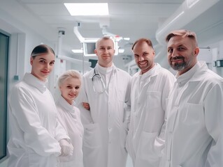 Fototapeta premium A cohesive team of medical professionals stands united in success, smiling confidently at the camera within the hospital environment, showcasing unity and accomplishment