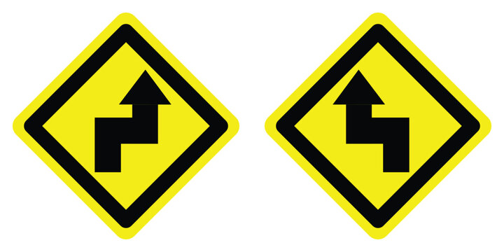 set yellow diamond shape double sharp turns right and left arrow road traffic warning sign direction. highway route collection road flat symbol for web mobile isolated white background illustration.