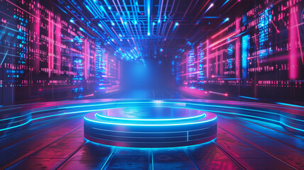 3d neon blue product stage or podium in Sci-fi futuristic gaming environment. For tech product photography generated by ai