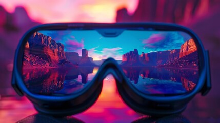 Resting on a surface, a pair of sunglasses reflects a vivid tropical landscape, stirring fantasies of a vacation paradise filled with sandy beaches and clear blue skies. - obrazy, fototapety, plakaty