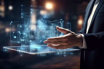 Businessman hand working with modern technology and digital layer effect.