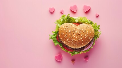 heart shaped burger seen from above on a pink pastel background, copy space wallpaper