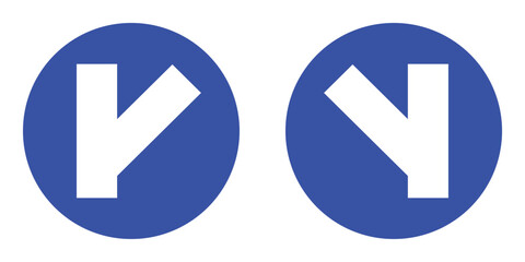 set blue circle shape three y turns right and left intersection junction road traffic mandatory sign. highway route collection road flat symbol for web mobile isolated white background illustration. - obrazy, fototapety, plakaty