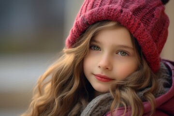 Portrait of a beautiful little girl in a pink hat and scarf