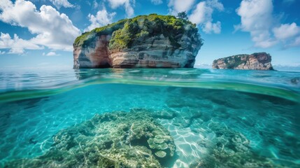 Fototapeta premium The lens captures a scene where transparent seawater occupies half of the frame, unveiling the island, the sky, and the distant horizon.