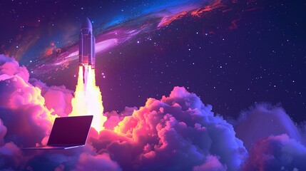 Launching Space Rocket From Laptop Screen. Generative AI