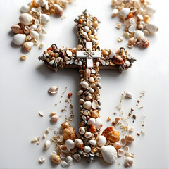 A cross decorated with miniature seashells on white background