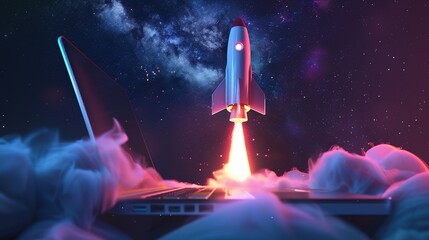 Launching Space Rocket From Laptop Screen. Generative AI