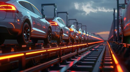 car transport train concept Ready for new cars for export - obrazy, fototapety, plakaty