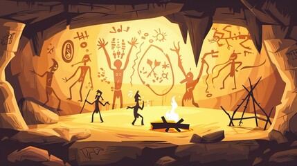 Prehistoric cave with caveman primitive painting on stone walls and fire. Cartoon vector neanderthal tribe dungeon. Aboriginal dwelling in underground rock cavern with ancient drawings and campfire - obrazy, fototapety, plakaty