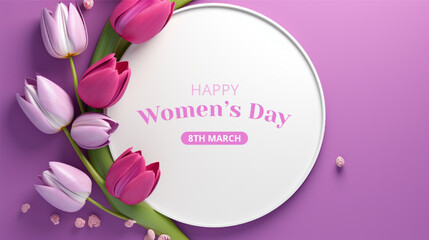 International Women's Day Greeting with tulips flower On Isolated Background
