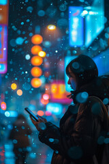 Vibrant city night: woman engrossed in mobile app under dazzling street lights