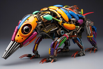 Fototapeta premium An imaginative robotic creature made of colorful interlocking parts, designed to spark a child's curiosity in technology.