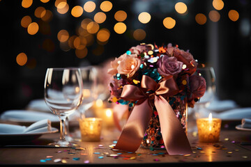 An endearing disposable party hat with colorful streamers on a celebration table