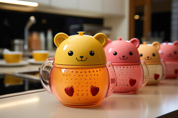 A cute and colorful disposable tea infuser shaped like a playful animal on a kitchen counter - obrazy, fototapety, plakaty