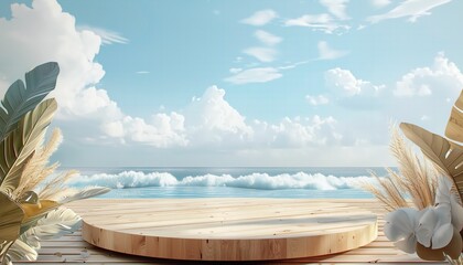 3D wood podium product display platform, summer beach scene. Empty minimal wooden stage design, ocean background, sky clouds. - obrazy, fototapety, plakaty