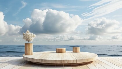 3D wood podium product display platform, summer beach scene. Empty minimal wooden stage design, ocean background, sky clouds. - obrazy, fototapety, plakaty