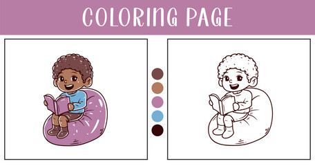 Boy reading a book coloring page section vector illustration
