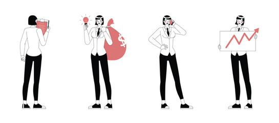 Set of office woman wear white suit character flat and minimal vector illustration design style. Presentation in various action. People working in office planning, thinking and economic analysis.