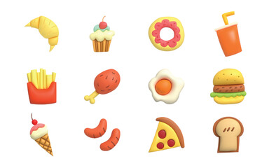 3D food icon vector illustration design set of  bread croissant, cupcake, doughnut, drink cup, french fries, fried chicken leg, fried egg, hamburger, pizza. Cartoon style.